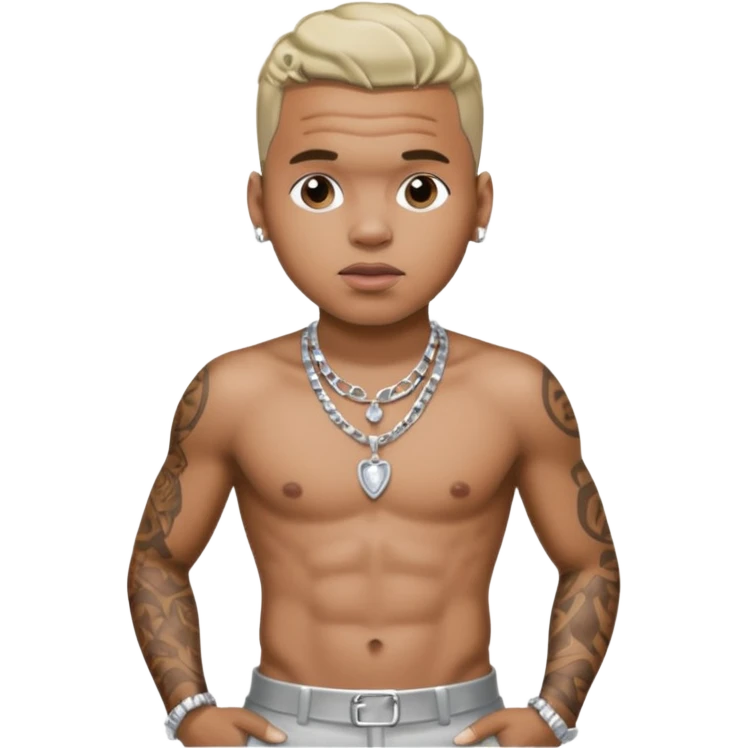 Chris Brown with silver pants, shirtless with necklace emoji