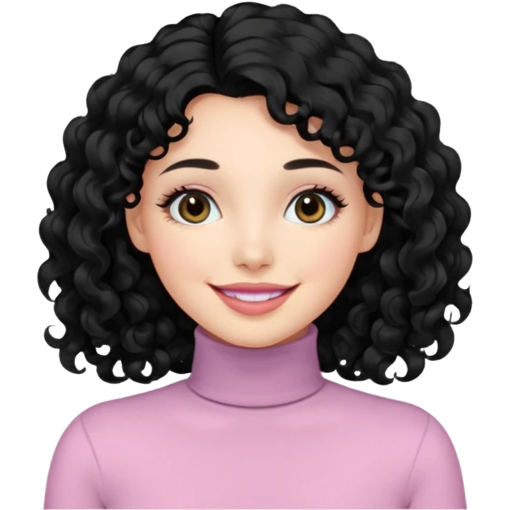 a woman with long sleeve turtle neck top and smile, her hair is long curly and the color is black, her eyes color are black and the color of her lip is soft pink emoji