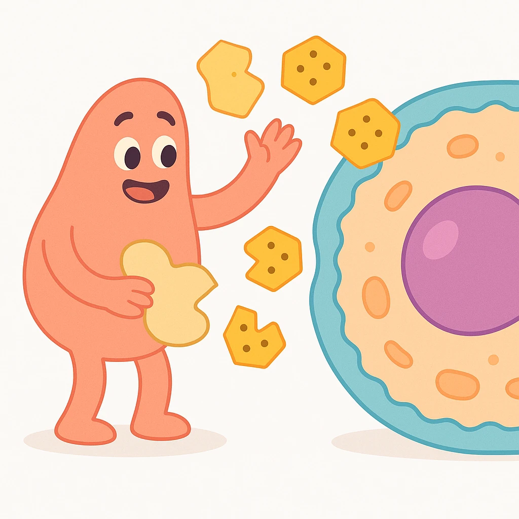 Ultra-detailed illustration of enzyme digestion: amylase breaking starch into sugars near a cell membrane. Clean white background, no text. Scientific but simple emoji