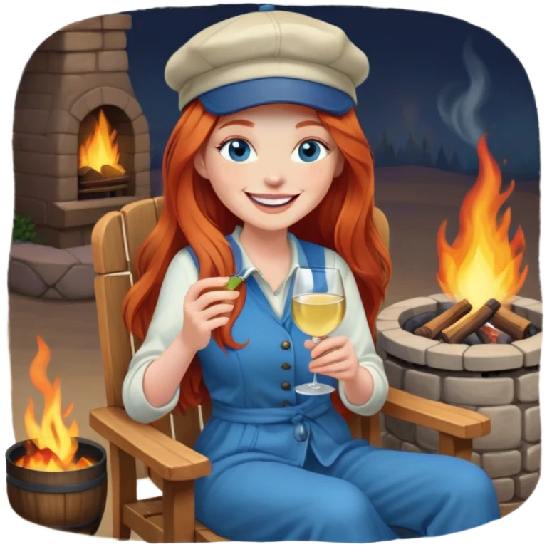 Laughing redhead with long hair and blue eyes wearing cap holding white wine sitting in chair beside fire pit emoji
