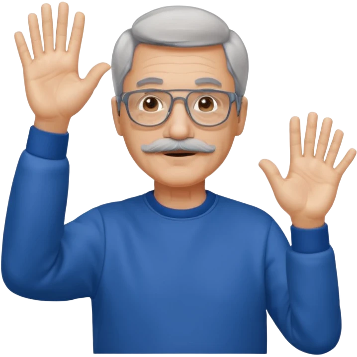 60 yr man partial gray hair parted in center, mustache, light glasses, sweatshirt waving hello emoji