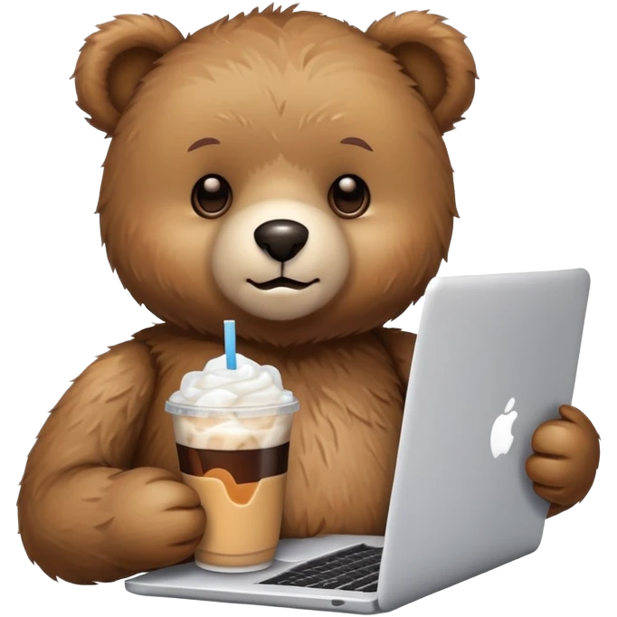 A teddy bear holding an iced Americano and using a laptop. emoji