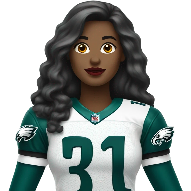 White female long dark hair red lips wearing Philadelphia Eagles jersey emoji