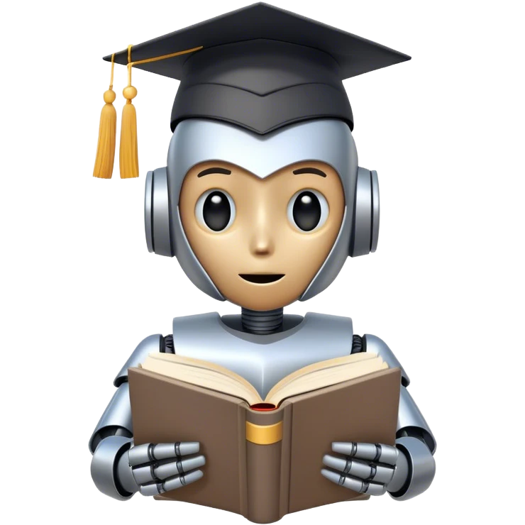 non-anthropomorphic robot reading a big book with graduation head emoji