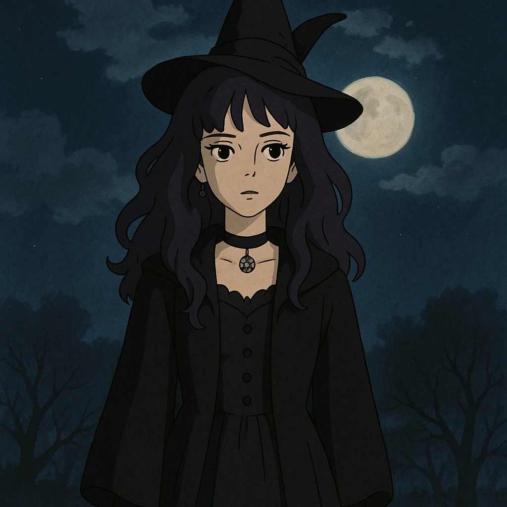 gothic woman with purple hair, witchy touch, standing in moonlight, ghibli style emoji