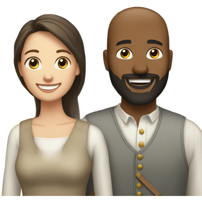 White barn with white, brunette couple out front smiling. Man has a beard emoji
