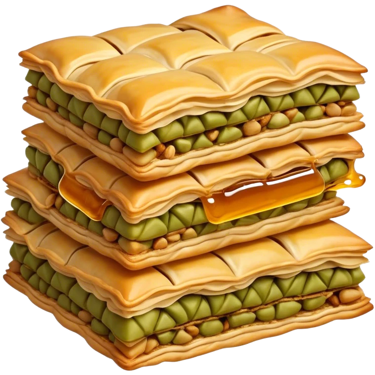 Cinematic Realistic Baklava Dessert Emoji, depicted as layers of flaky pastry with honey and nuts rendered with rich textures and warm, inviting lighting. emoji