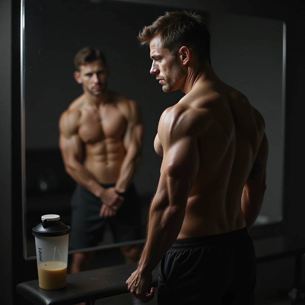 realistic bodybuilder man in cutting phase, standing in front of mirror, smaller and deflated muscles, visible but less full veins, frustrated look, gym background with dim light, protein shaker on bench emoji