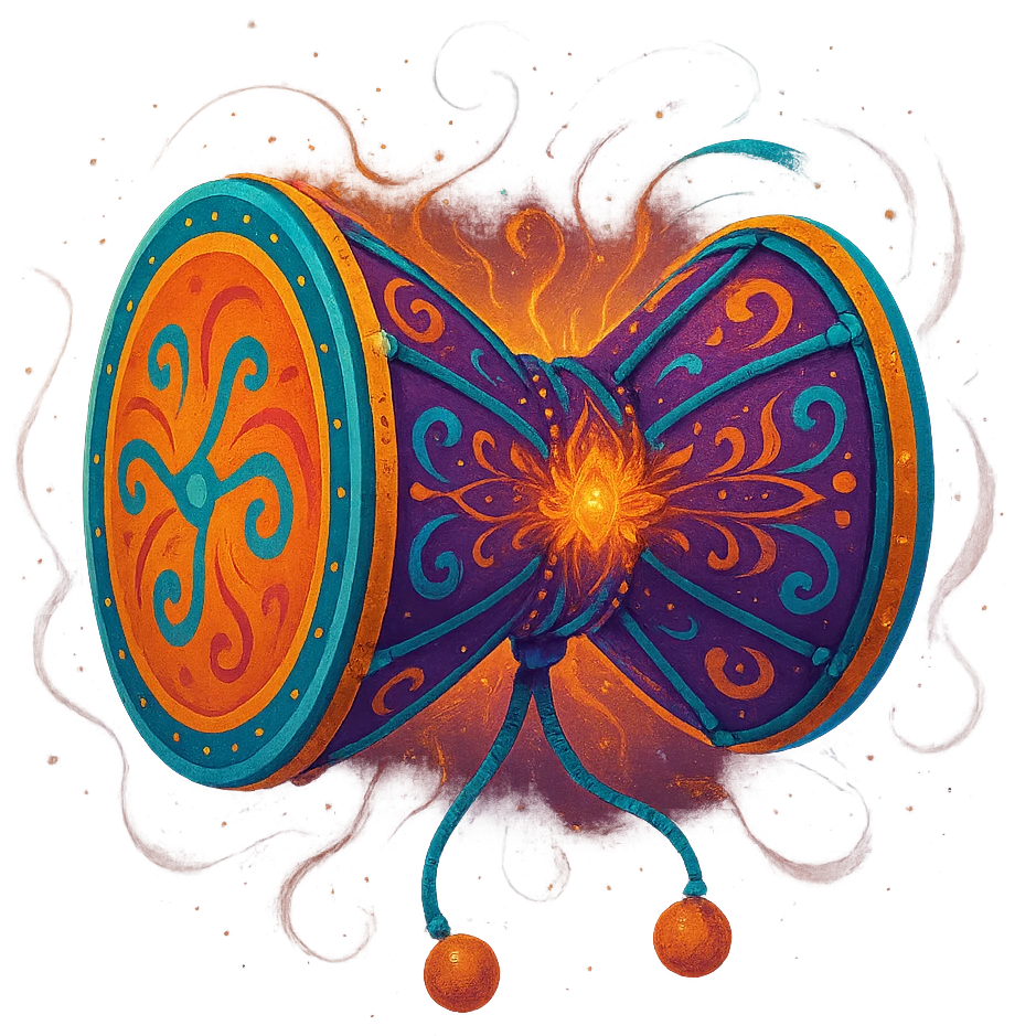 stylized damru with vibrant colors and spiritual aura, no text emoji