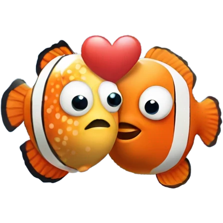 Cute Pufferfish and clownfish are kissing with little red hearts above their head  emoji