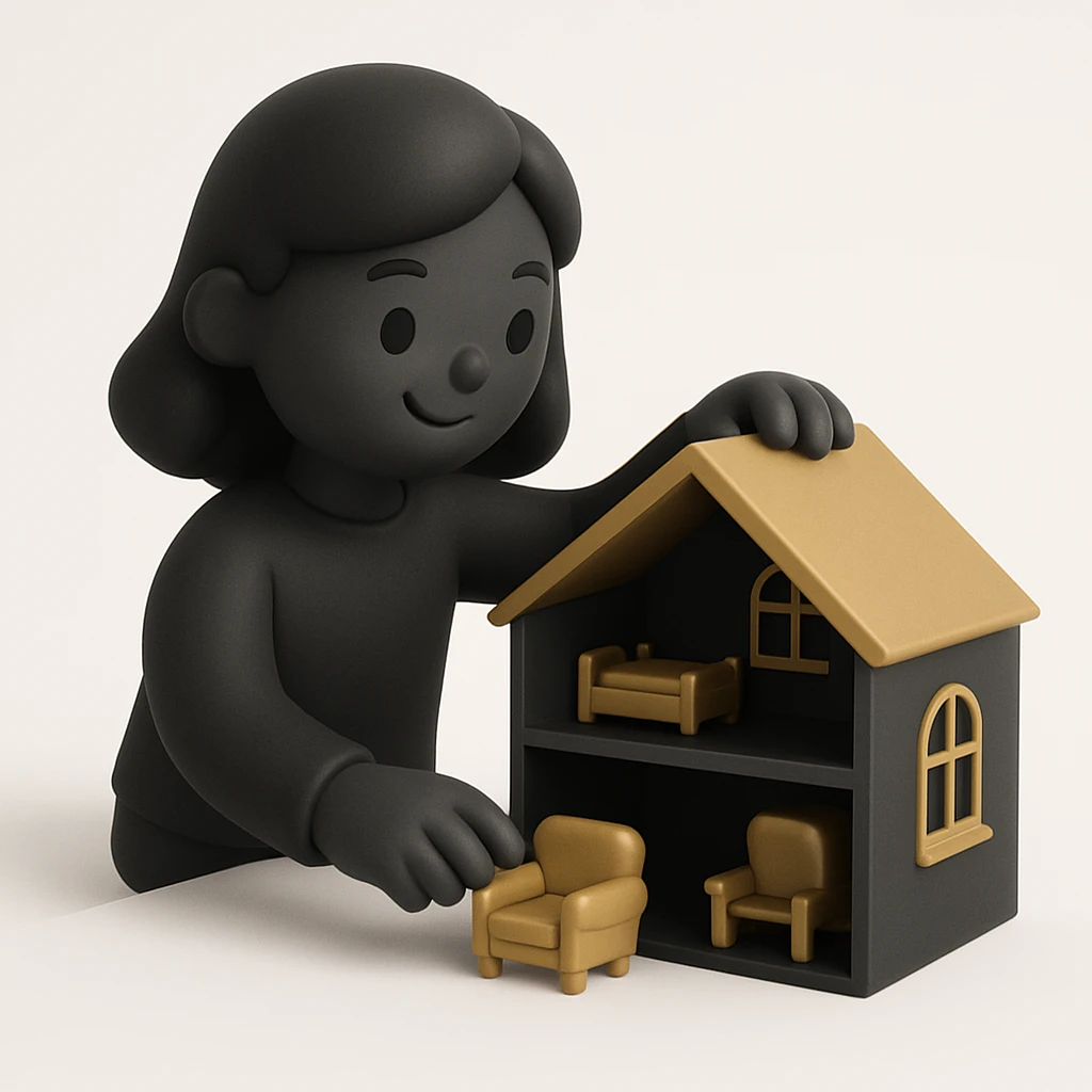 smiling girl arranging furniture in doll house emoji