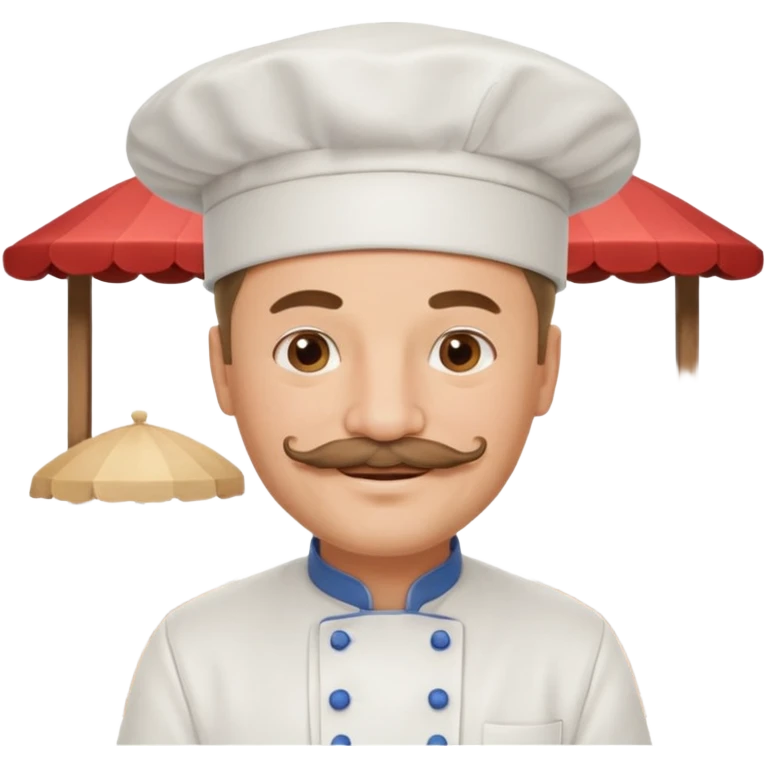 Est-ce que tu peux me faire un chef cuistot qui ressemble à Philippe Etchebest et qui est devant un restaurant? Est-ce que tu peux le faire souriant, avec une moustache de cuistot? 
 emoji