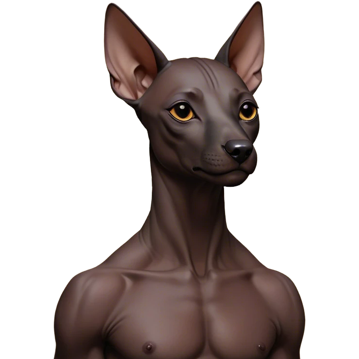 Cinematic Noble Xoloitzcuintle Portrait Emoji, Poised and regal, with a sleek, muscular build and smooth, hairless ebony skin accented by subtle wrinkles, deep-set soulful dark eyes, Simplified yet sharp and sophisticated features, highly detailed, glowing with a soft, dignified glow, high shine, intelligent and loyal, stylized with an air of ancient grace, focused and attentive, soft glowing outline, capturing the essence of a watchful and confident guardian, so majestic it feels as though it could stride out of the screen with effortless authority! emoji