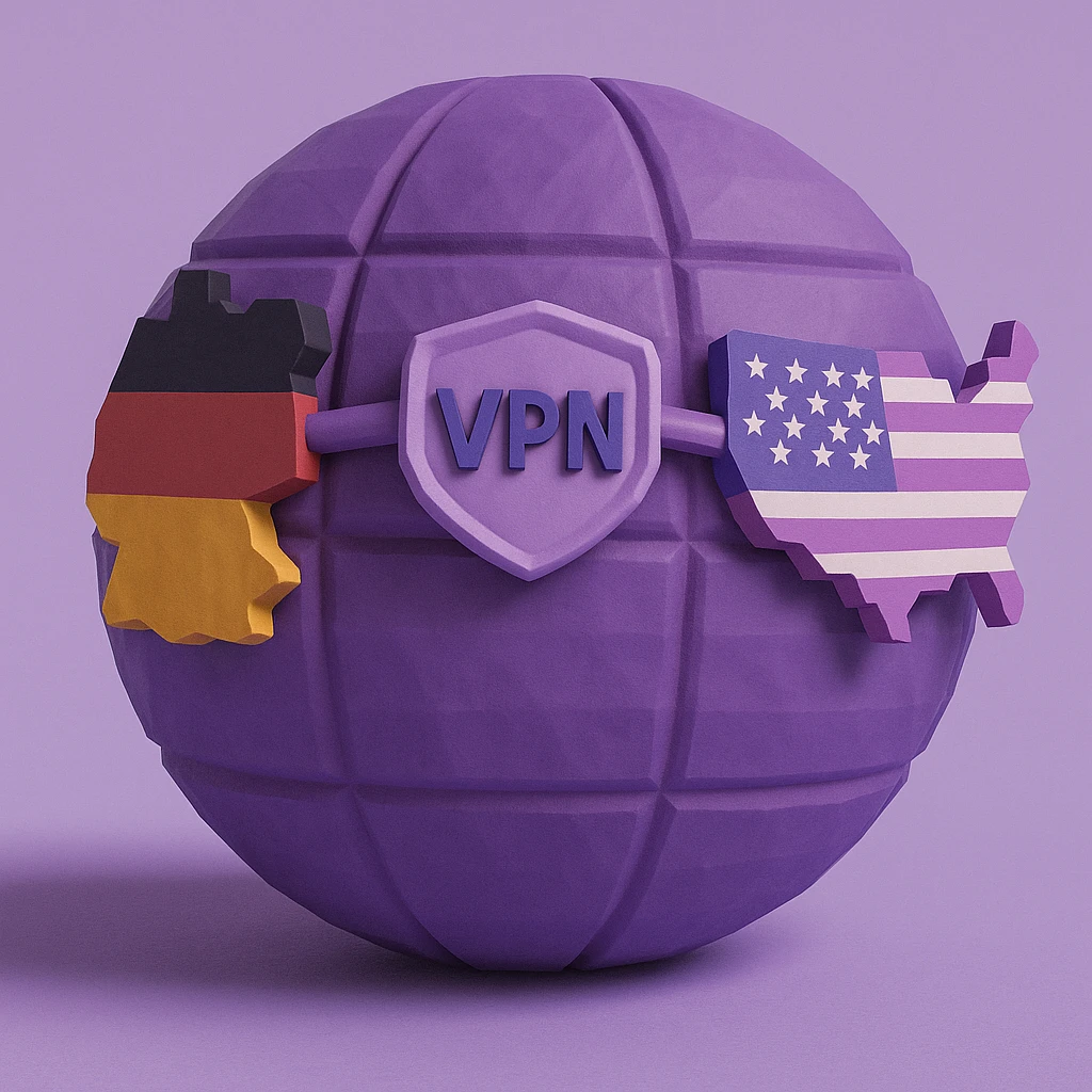 Edit the playful 3D globe with VPN and a connection between Germany and USA to have a purple color scheme with realistic shading and depth, maintaining the playful and 3D low poly style. emoji