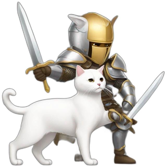 Man wearing armor fighting a white cat emoji