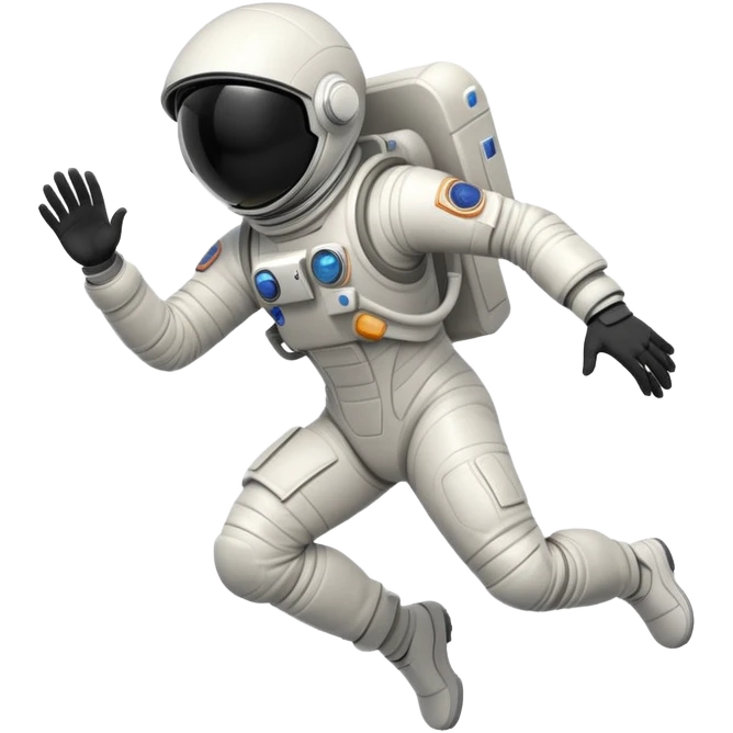 Stylized futuristic astronaut in mid-flight pose, heroic silhouette, dynamic diagonal motion lines emoji