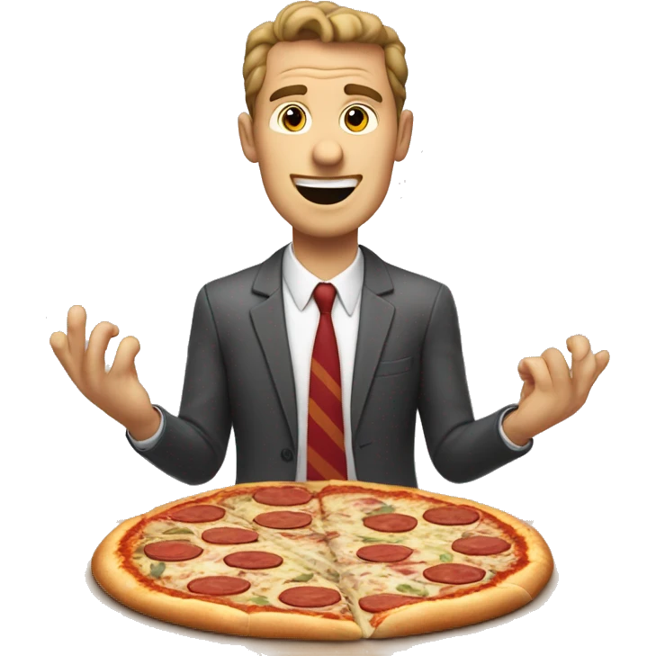 A white man with more fingers than normal, making a pizza. Speech bubble over him saying “welcome to the pizz-biss!” emoji