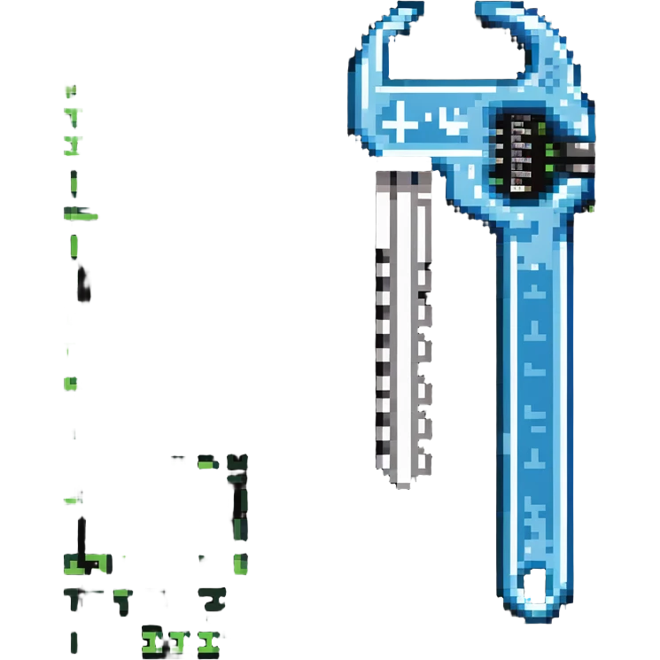 A pixelated wrench tool with digital code elements, made of binary digits emoji