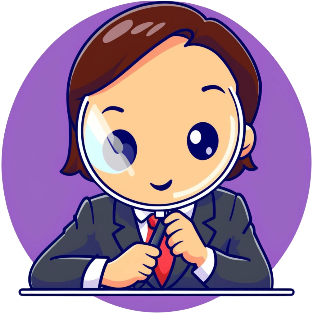 girl detective in a suit, peering through a magnifying glass, inquisitive expression emoji