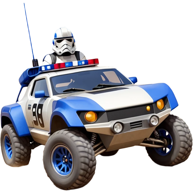 Star Wars’s Range trooper’s police evil darkly night blue Dirty and dented Local Motors Rally Fighter off road race car hot rod meets 2013 scion fr-s trophy truck-style basher flying down a dusty road catching everything (silver wheels) emoji