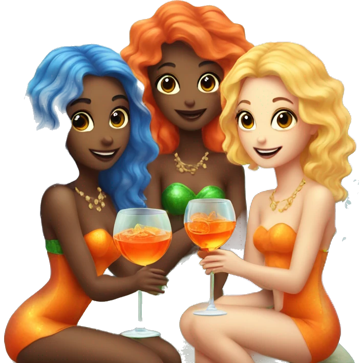 Three beautiful bright skin mermaids drinking aperol emoji