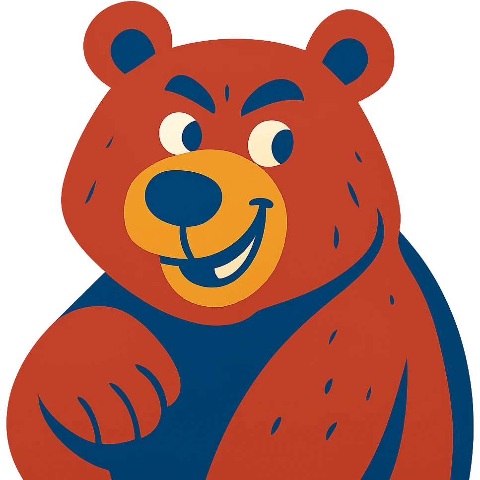 colorful and friendly illustration of a grizzly bear with a mischievous expression emoji