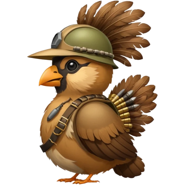 A bird bombadier, bandolier of grenades, side profile, forest critter emoji