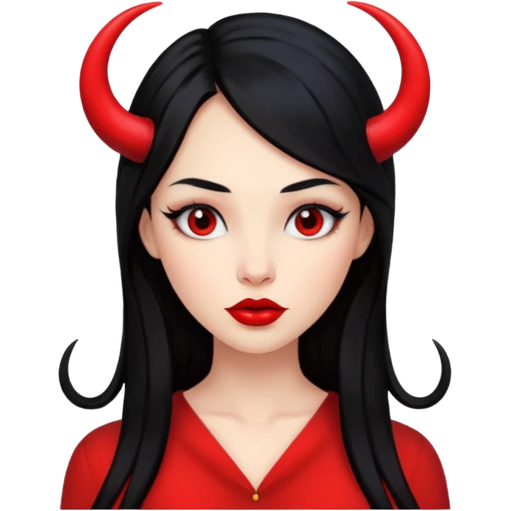 skin red A girl's face with cheekbones, long black hair, small red horns, big lips emoji