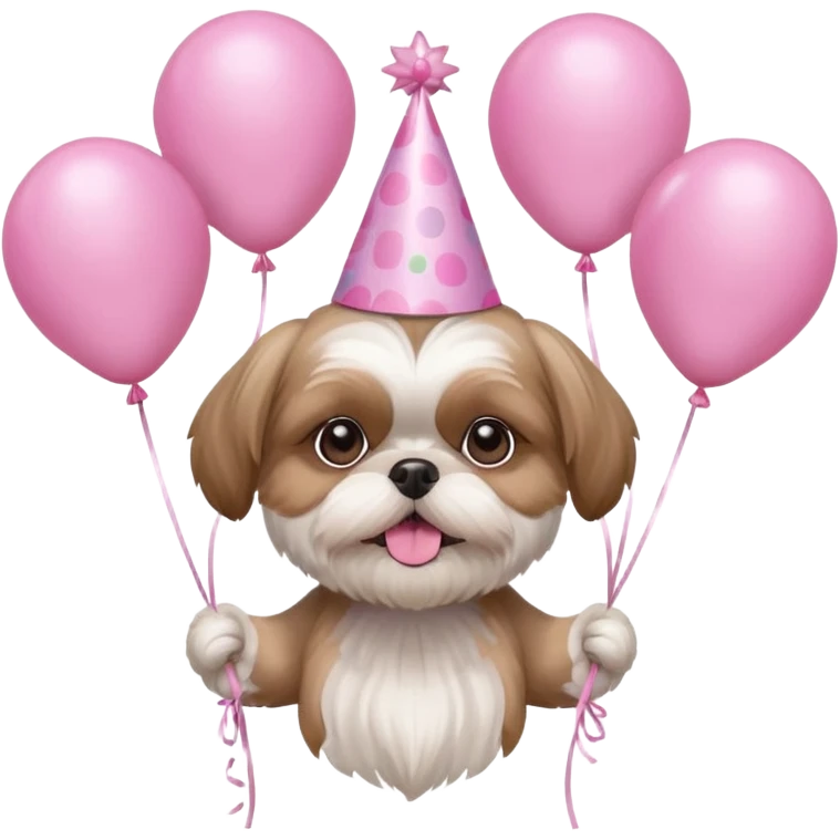 cute shih tzu hold a few cute pink balloons  with pink birthday hat emoji