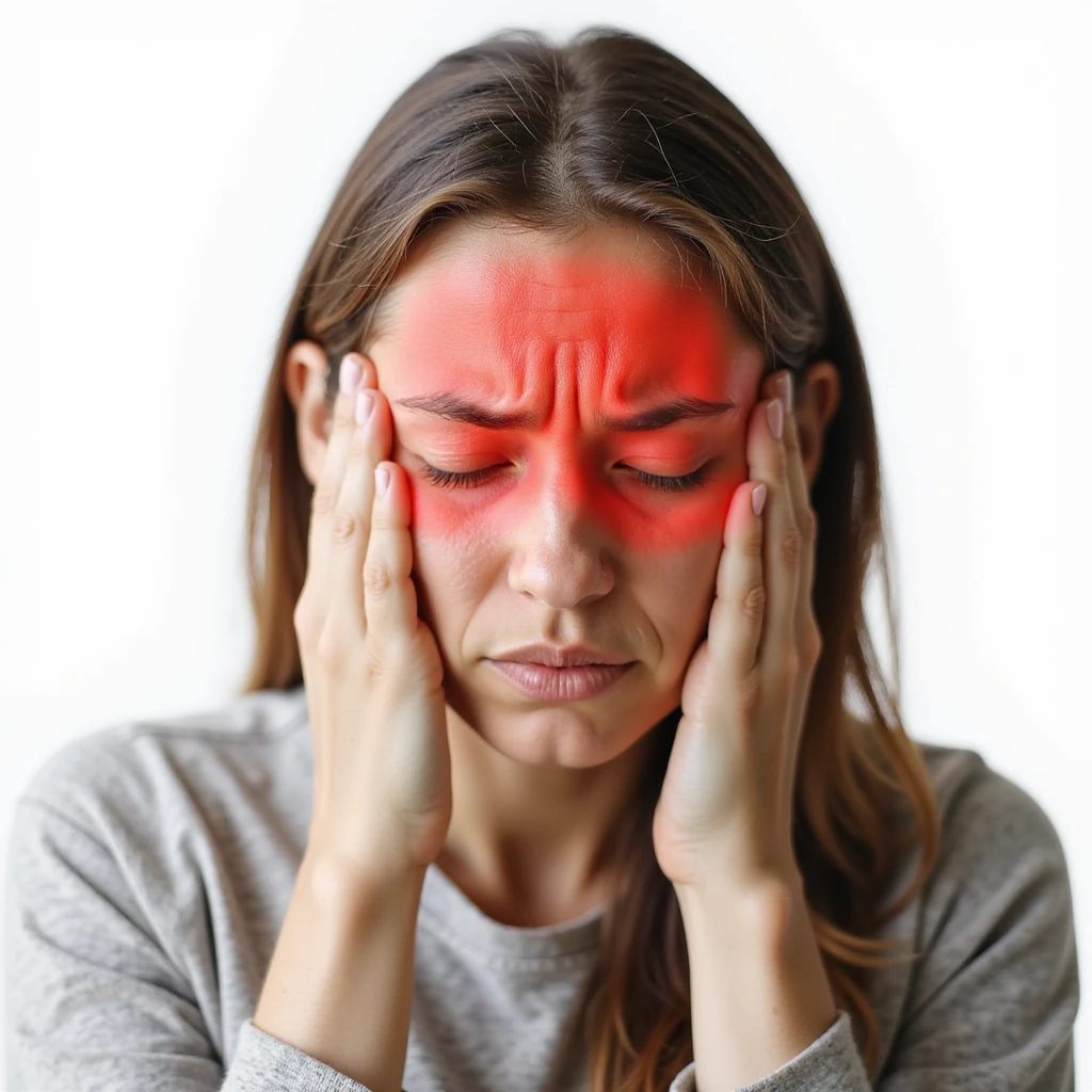 woman with closed eyes and furrowed eyebrows, head area highlighted in red, migraine pain, realistic style, white background emoji