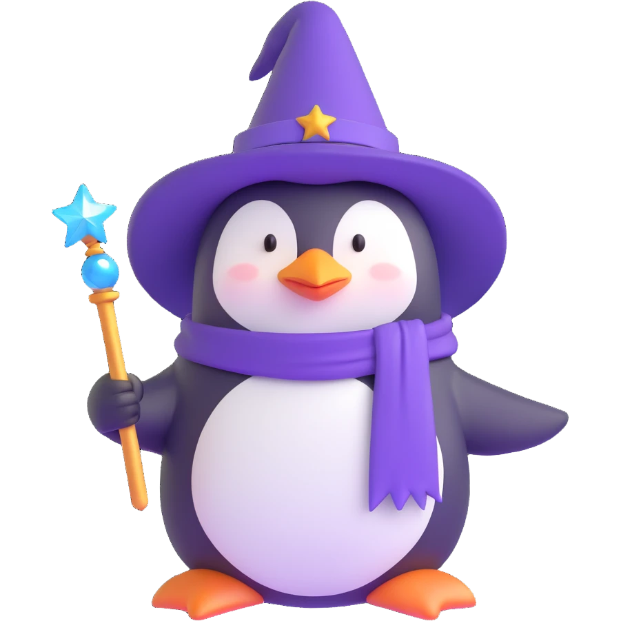 A penguin wizard with a purple hat and a sparkly wand emoji