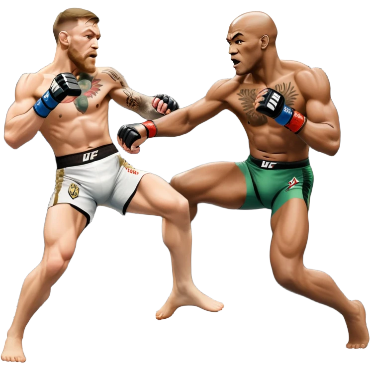 An MMA showdown between Conor McGregor and Anderson Silva in the octagon. McGregor is executing a powerful jumping strike, while Silva is expertly blocking the attack with his forearm. The background features the UFC octagon, fans in the distance, and dynamic action. Transparent background emoji