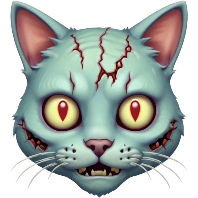 zombie cat portrait, head and shoulders only, pale fur, cracked skin patches, eerie glowing eyes, mischievous undead vibe, 3D cartoon, mobile game icon style, clean background, no text, no watermark
 emoji