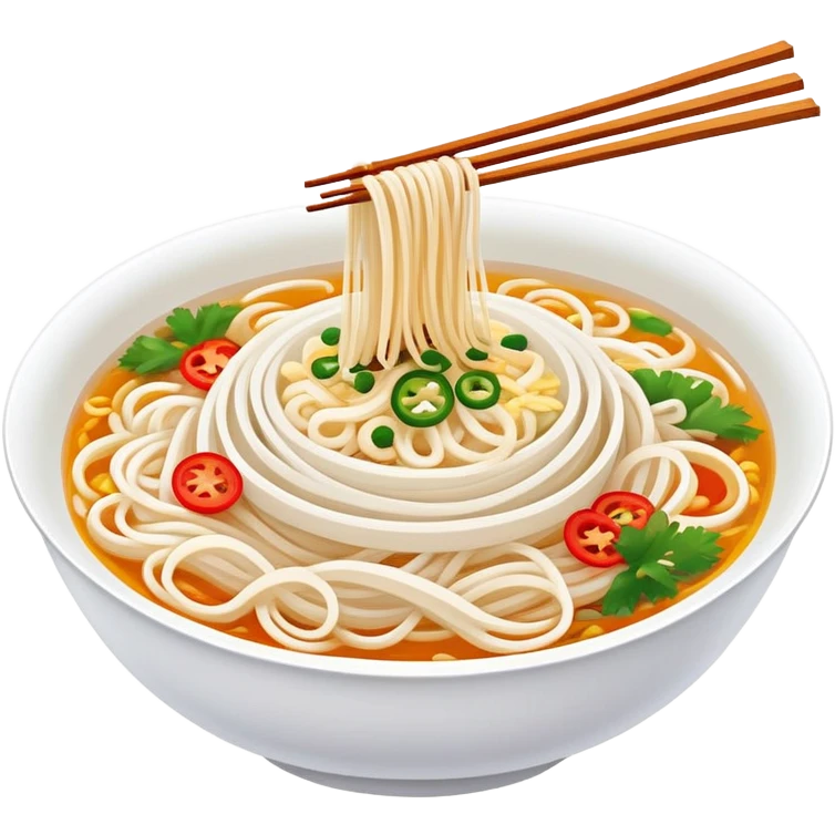 Guilin rice noodles with thin white strands and toppings, simplified emoji style with bold outlines and bright colors, cartoon style Guangxi famous Mi Fen emoji