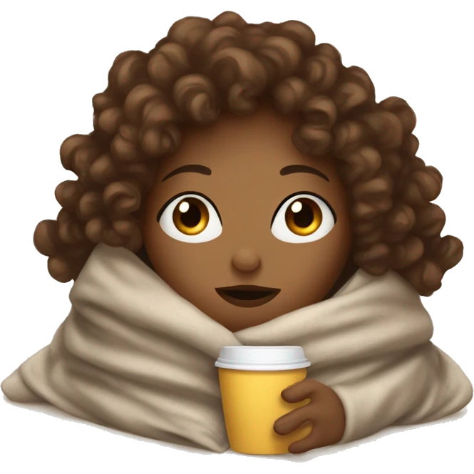 brown curly haired girl inside a blanket sipping coffee eyes closed emoji