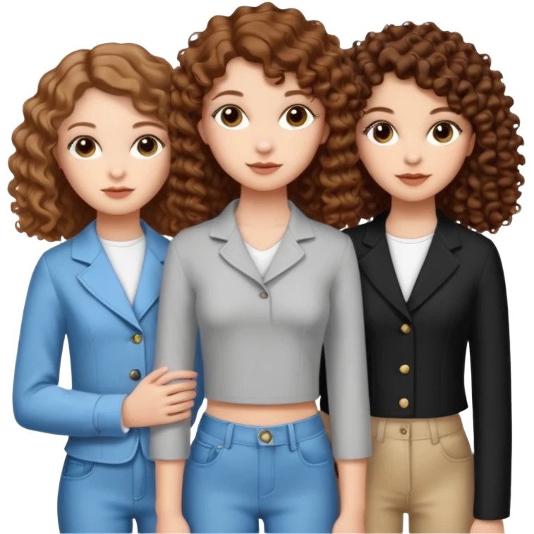 3 white girls, all of off this with brown hair but one whit straight one whit curly and one whit very curly(aesthetic)and chic clothes y2k, this girl have around 14 years, remember one girl does have straight hair  emoji
