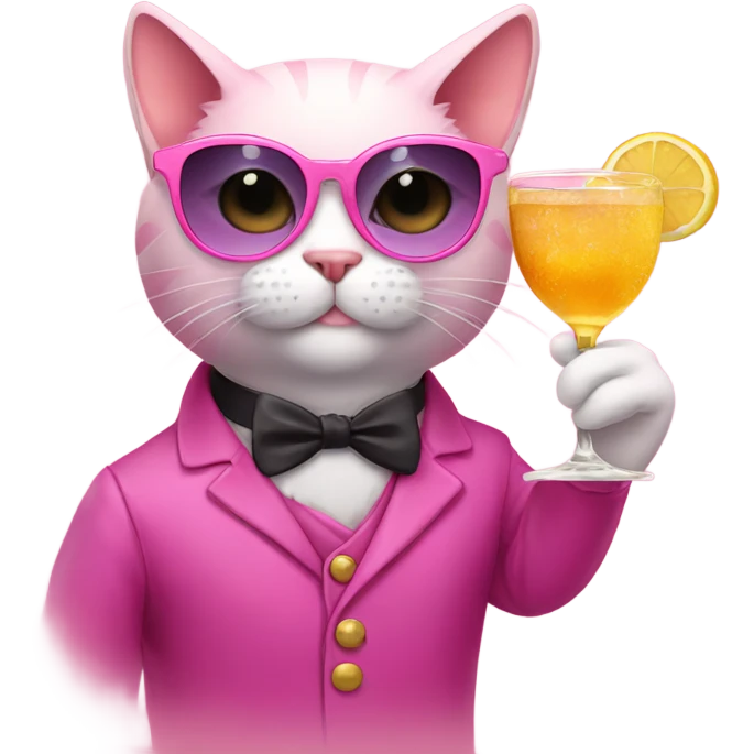 A pink cat wearing fancy sunglasses and having a fancy drink  emoji