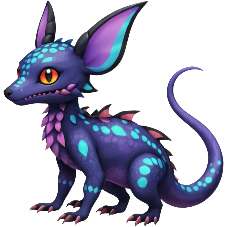 Rare epic aesthetic iridescent spooky gloomy colorful Salandit-Noibat-Eevee-Genet-species-Fakemon-hybrid-creature, with markings, full body emoji