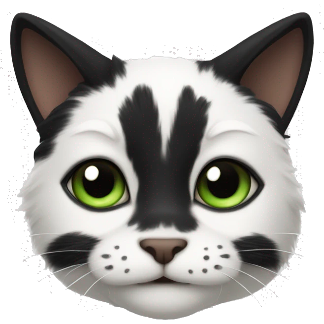 A black and white cat, his fur looks like a cow, his eyes are green emoji