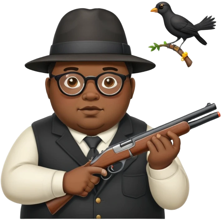 fat black man with glasses killing a black bird with a shot gun emoji