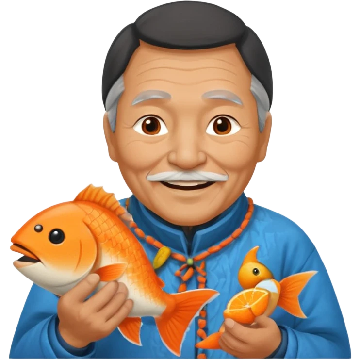 old inuit man with traditional inuit clothes and orange fish emoji