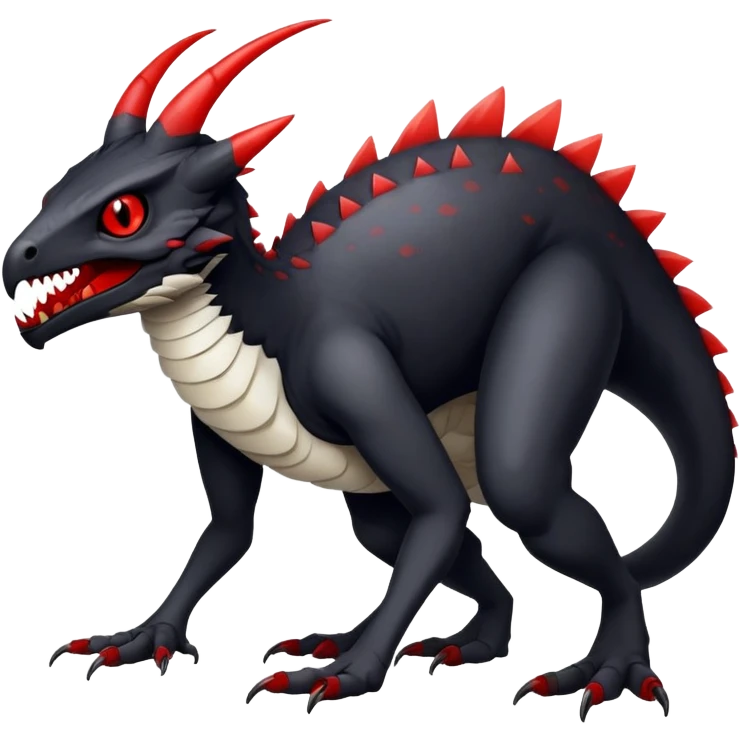 a white exotic edgy vernid-fionbr-Fakémon-creature, with black belly and red eyes, full body emoji