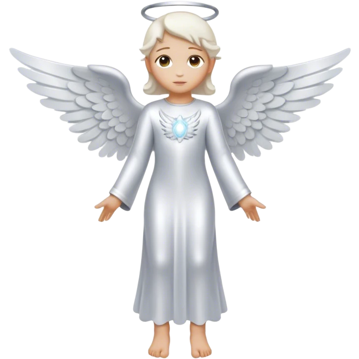 Full body, Cinematic and Ultra realistic 32k HD hauntingly beautiful Angel with Balanced features, highly detailed, glowing with silver light, high shine, remembrance, a painting of white silver, fanciful, enchanting. The image is so lifelike it could leap off the canvas at any moment emoji