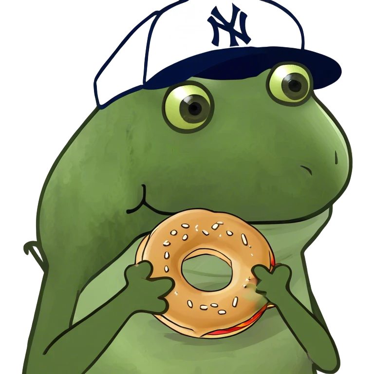 wearing a yankees hat, holding a bagel emoji