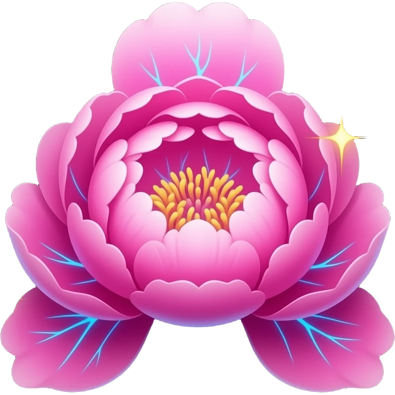 A lush, Peony letter 'A' with petals that glow with an internal neon pink light. Fine electric-blue veins run through the petals, surrounded by floating golden sparkles. Isolated on a black background for maximum glow effect emoji