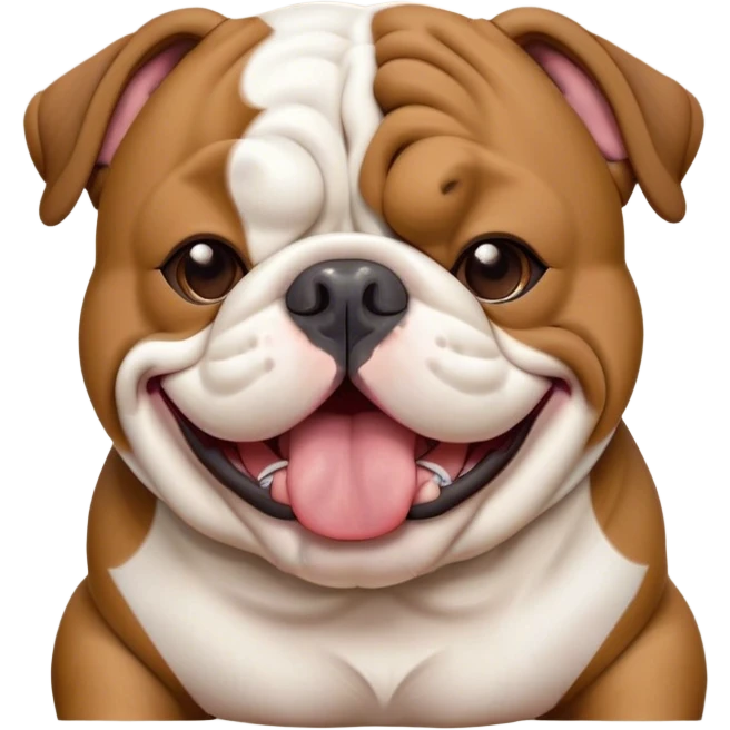 Cinematic Cute Yawning Brown and White English Bulldog Portrait Emoji, Head tilted slightly with a dramatic, wide-open yawn, showcasing a smooth brown and white coat with a defined pattern, floppy ears slightly drooping, round brown eyes barely open in drowsy contentment, Simplified yet irresistibly adorable features, highly detailed, glowing with a soft, cozy glow, high shine, relaxed yet expressive, stylized with a touch of whimsy, bright and endearing, soft glowing outline, capturing the essence of a sleepy yet affectionate guardian, so drowsy it feels like it could stretch out of the screen and curl up for a nap! emoji