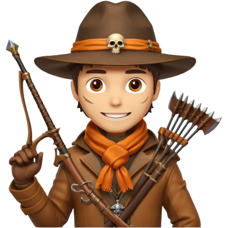 male human monster hunter emoji, wearing brown leather coat and wide hat, holding crossbow or rifle, with amulet shaped like skull, Halloween fantasy theme, confident smile, orange scarf, Apple emoji style, clean white background, square image emoji