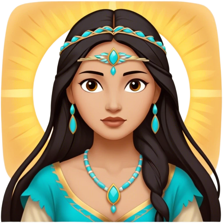 Cinematic Majestic Pocahontas Portrait Emoji, rendered in a clean, vector-style with bold shapes. Show Pocahontas with a serene, noble expression, radiant sun-kissed skin, and elegantly flowing dark hair, dressed in traditional garments with subtle turquoise accents. The design radiates a majestic, natural glow, high shine, and a soft glowing outline, capturing her regal beauty. emoji