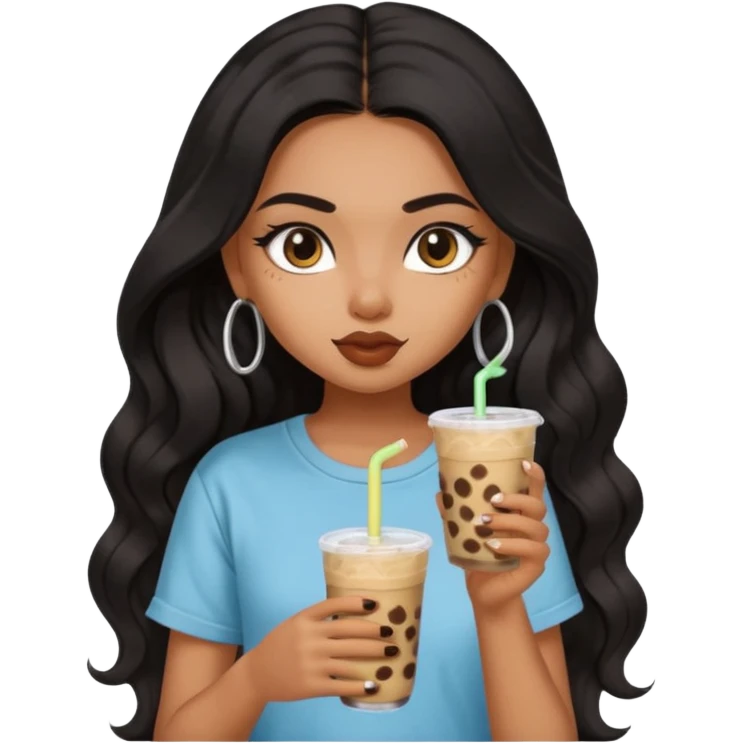 a pretty FAIR indian bratz girl with wavy long black hair, wearing an oversized brown tshirt, drinking boba, eyeliner on emoji