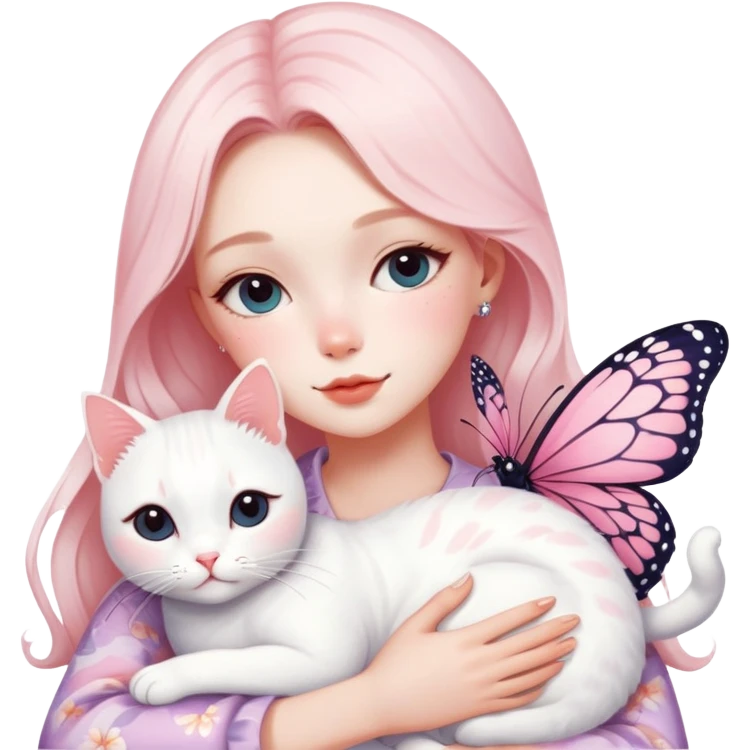 Gorgeous pastel lady with blushing butterfly pattern hugging a white cat, aesthetic trendy style emoji